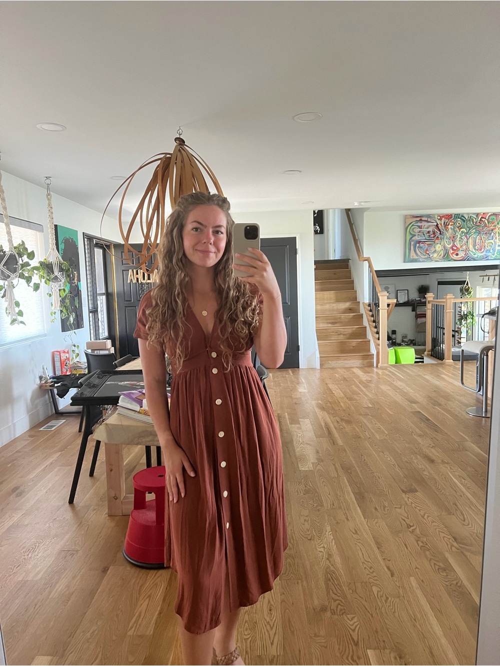 The Normal Brand Rust Button-Front Midi Dress